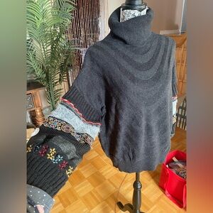 Desigual Charcoal Turtleneck Sweater with Embroidered Sleeves